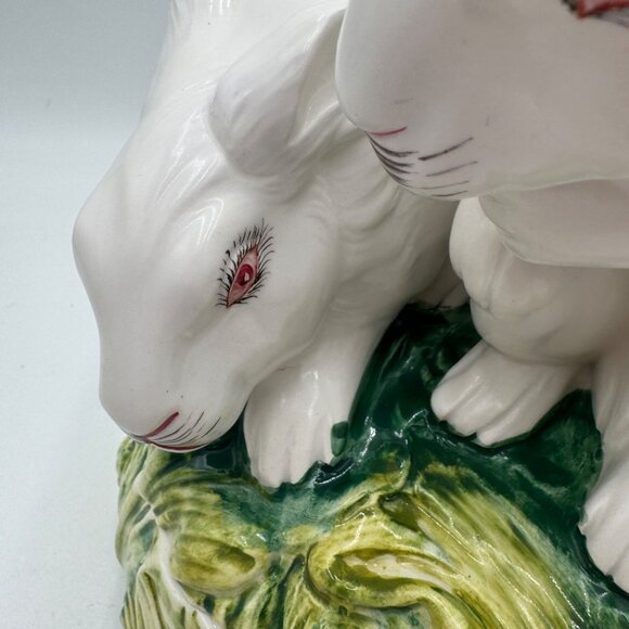 Pair of Bunny on top an  ITALIAN CACHEPOT Easter spring large read white green - Picture 3 of 16